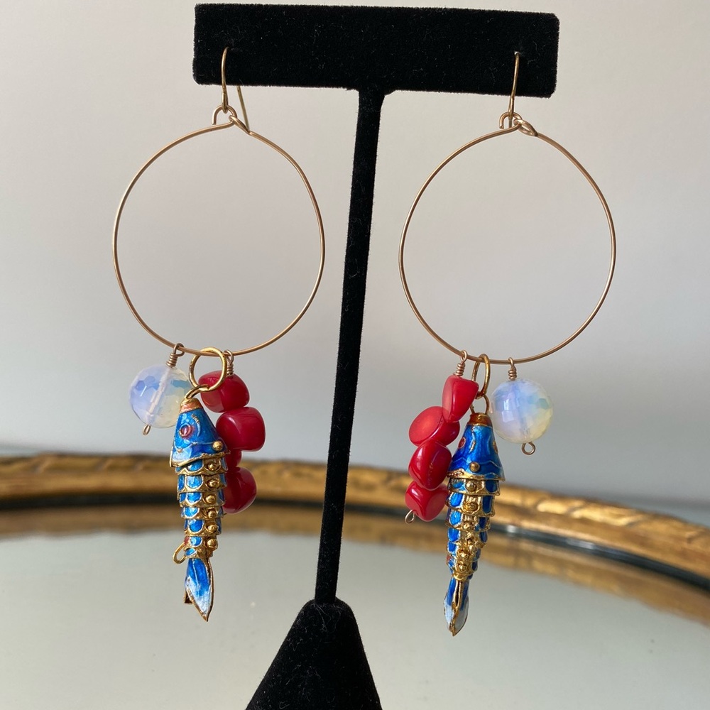 Cloisonné Fish, Coral and Faceted Recycled Glass Hoop Earrings